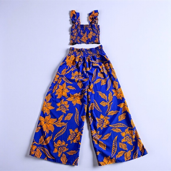 New Blue Orange Tropical Floral Smocked Crop Top Wide Leg Pants Set FY-3276 L/XL - Picture 4 of 14